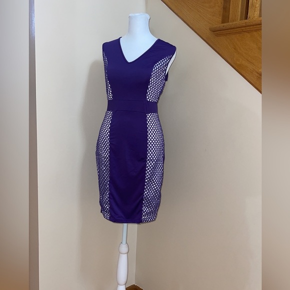 Meaneor Dresses & Skirts - Women’s Cocktail Dress Size Small Sexy Purple Fishnet Side Panel MEANEOR DRESS